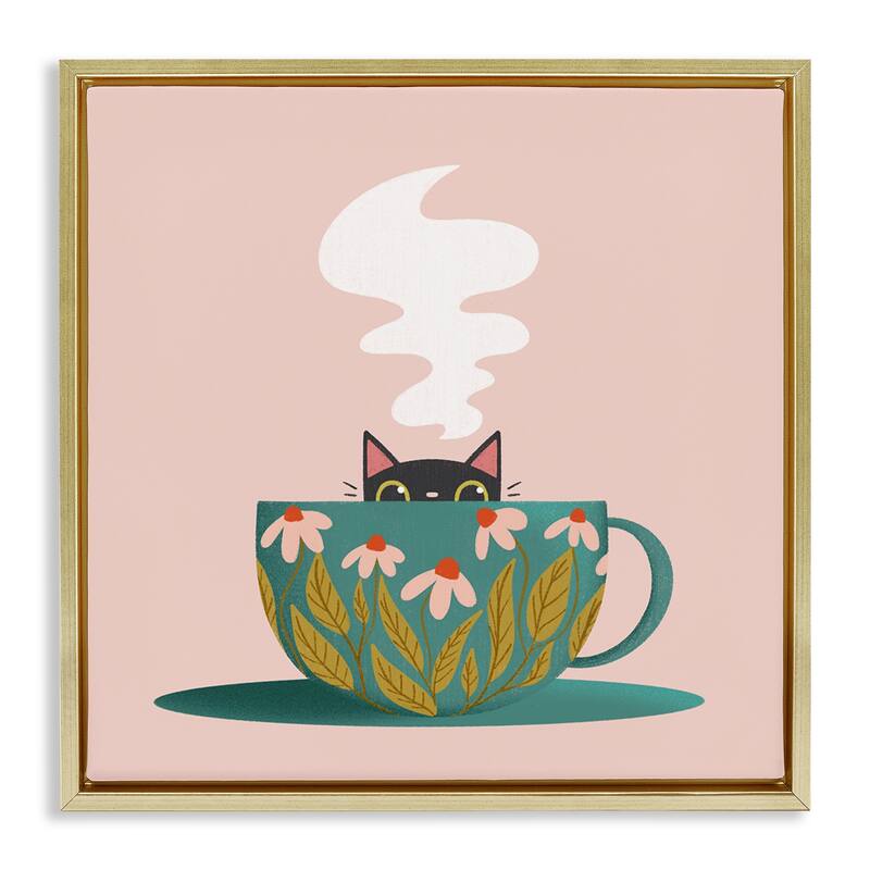 Stupell Cat Peeking Over Teacup Framed Floater Canvas Wall Art Design By Sarah Hickman - 25 x 25 - Gold