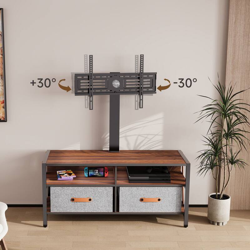 FITUEYES Wood TV Stand with Mount for 55-75 inch TVs Hold up to 88lbs, Swivel and Multi-functional with Foldable Drawers