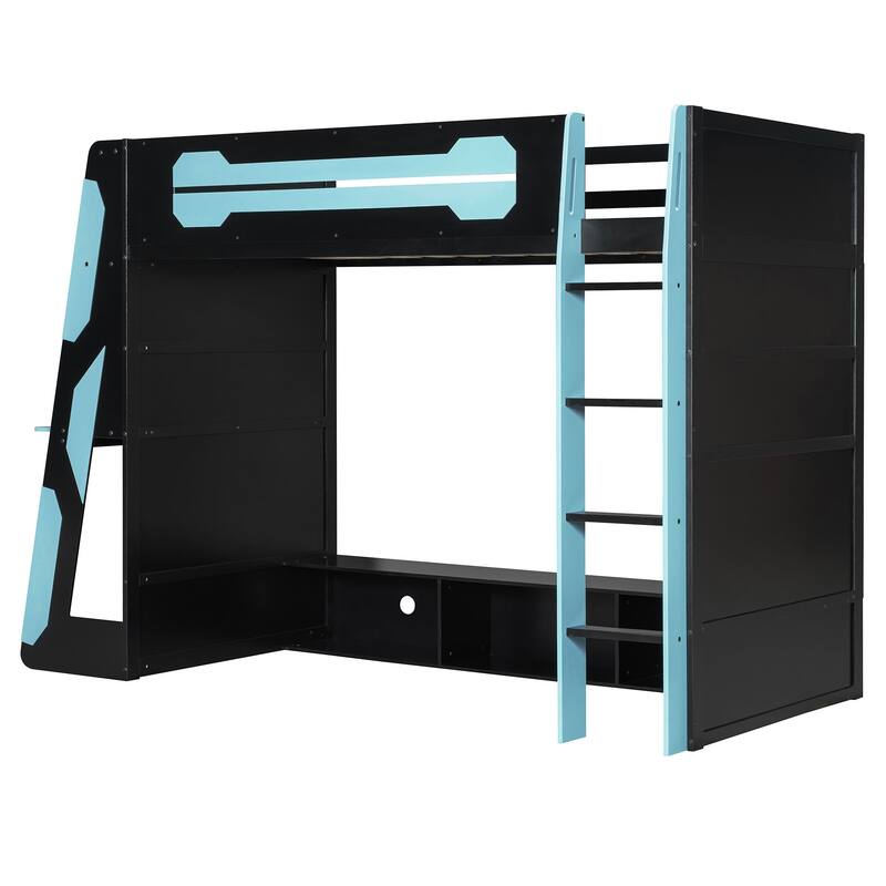 Roomfitters Twin Gaming Loft Bed with Desk, Shelves and RGB Light Strip, Esports Style