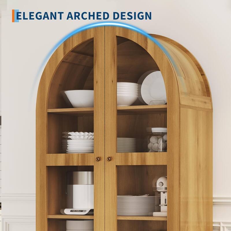 71" Tall Arched Kitchen Pantry Cabinet – Modern Farmhouse Storage Cabinet with Adjustable Shelves, Hidden Drawer