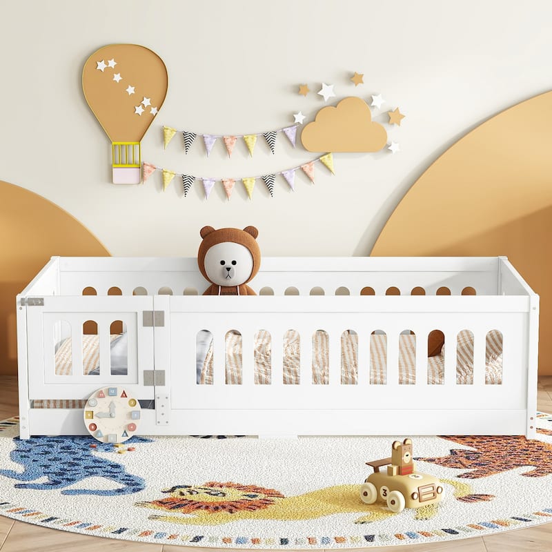 Solid Wood Montessori Floor Bed with Fence and Door, No Slats Included - White - Twin