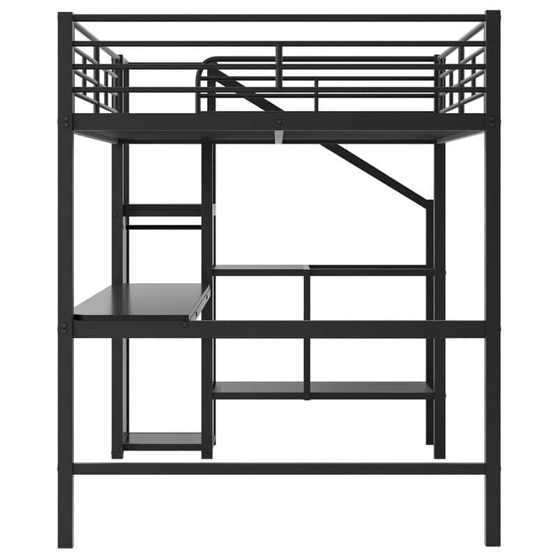 Full Size Metal Loft Bed with Desk, Storage Staircase, Small Wardrobe and LED Light,Black