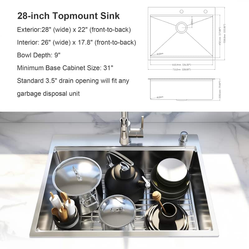 28" x 22" Drop-In Stainless Steel Workstation Sink - 18-Gauge Handmade Single Bowl Kitchen Sink with R10 Corners Accessories