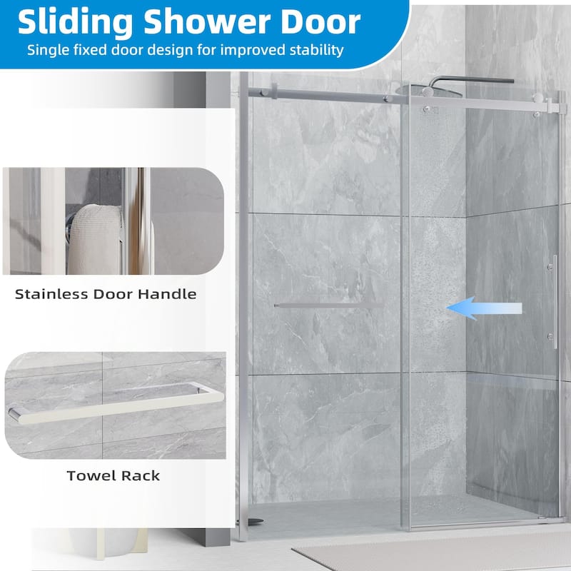 EROMMY Frameless Sliding Shower Door 60"x76", Clear Tempered Glass, Explosion-Resistant, Waterproof