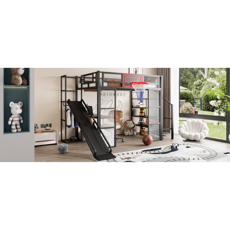 Roomfitters Full Metal Loft Bed with Slide, Desk, Wardrobe and Basketball Hoop, Black