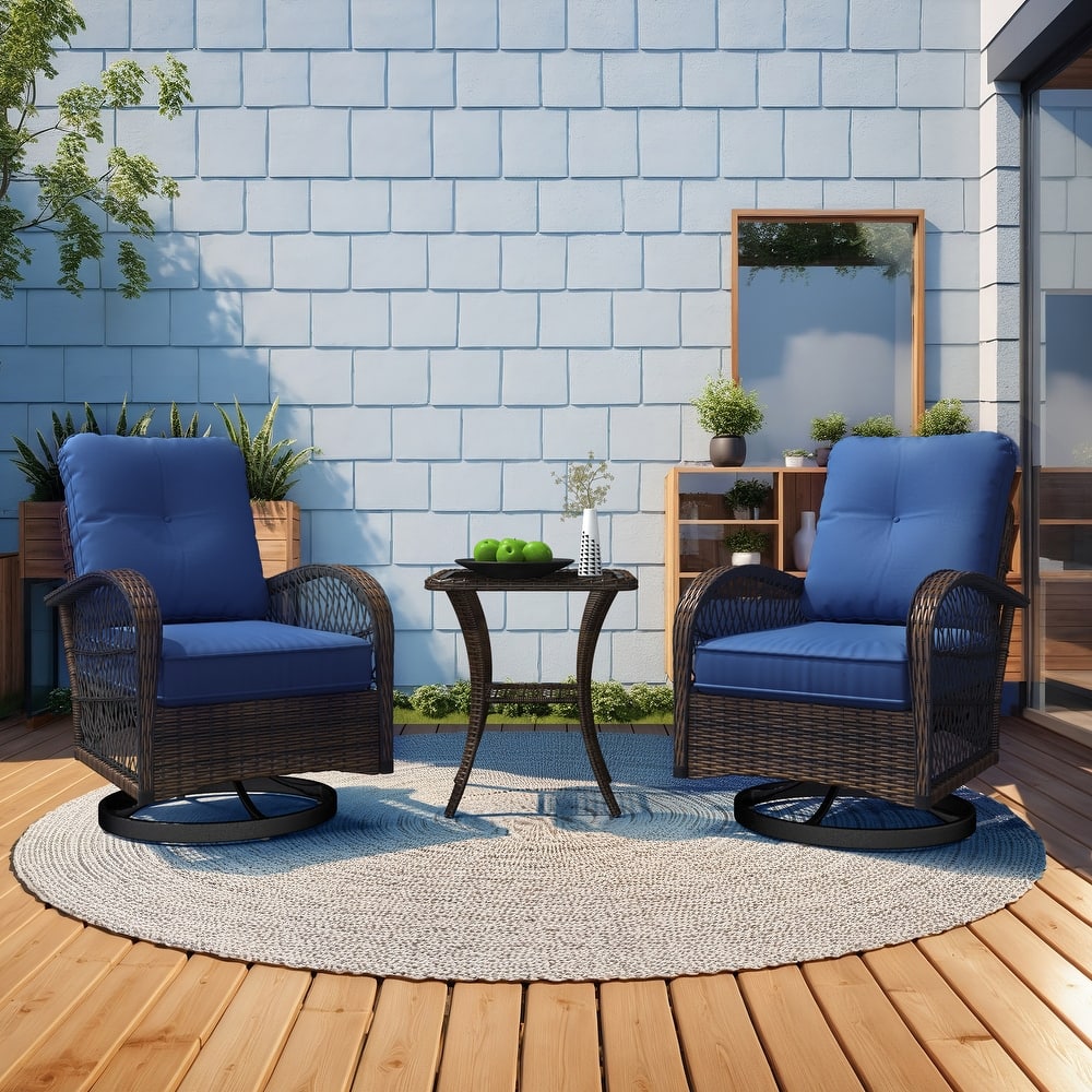 Outdoor Swivel Rocker Bistro Set - 3 Piece Wicker Patio Set with Swivel Rocking Chairs, Cushions, and Tempered Glass Side Table