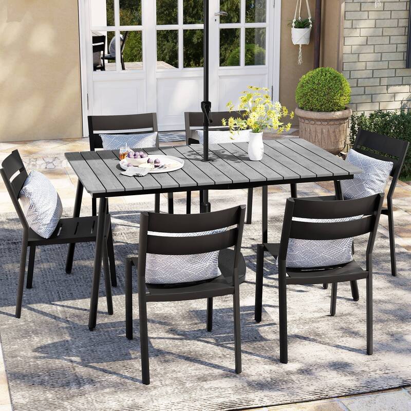 Outdoor 7-piece Patio Dining Set with Stackable Dining Chairs - Grey - without armrest