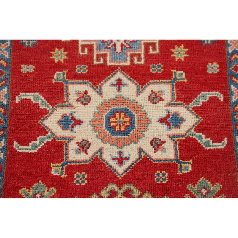 Geometric Red Kazak Oriental Runner Rug Hand-Knotted Wool Carpet - 2'7" x 9'4"