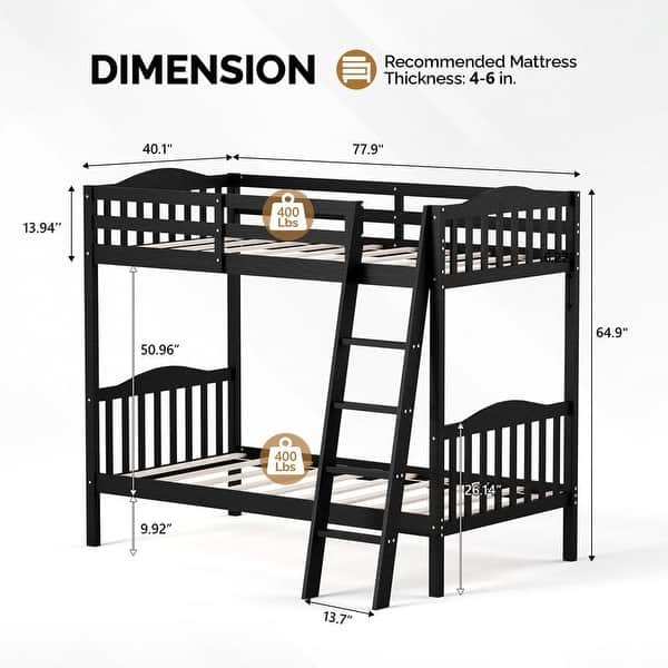 dimension image slide 3 of 5, Twin Over Twin Solid Wood Bunk Bed for Kids and Adults, No Box Spring Required