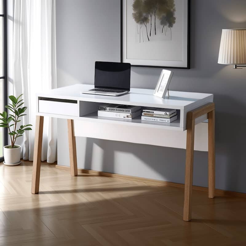 Writing Desk, 1 Drawer and Open Shelf, 47 Inch, Modern White and Brown