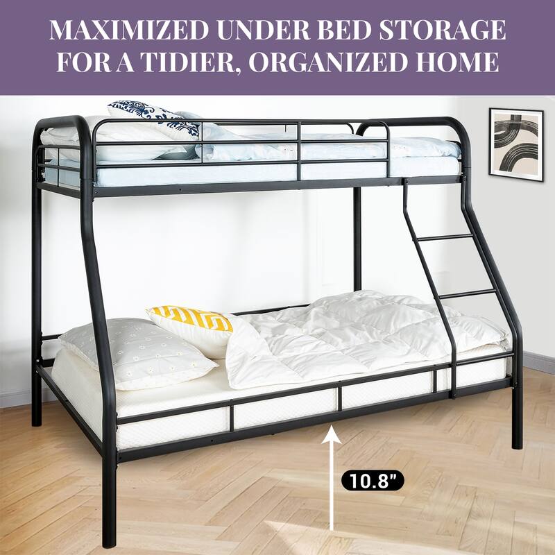 Twin Over Full Metal Bunk Bed - Heavy-Duty Bunk Bed Frame with Safety Guardrails, Angled Ladder & Underbed Storage