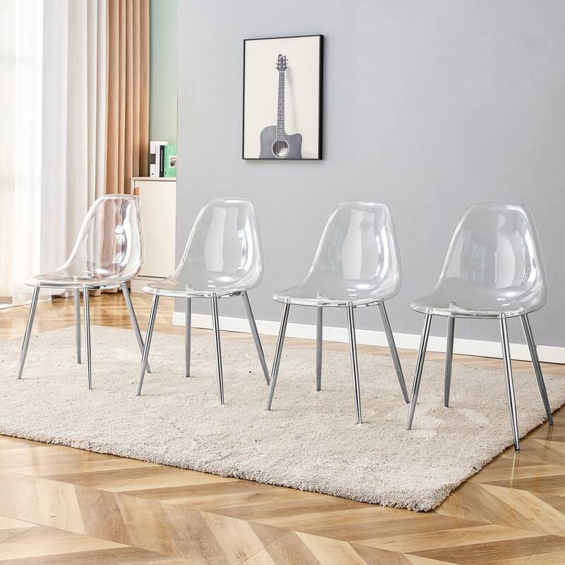 Roomfitters Transparent Plastic Dining Chairs with Silver Metal Legs, Armless Crystal Style Makeup or Office Set of 6