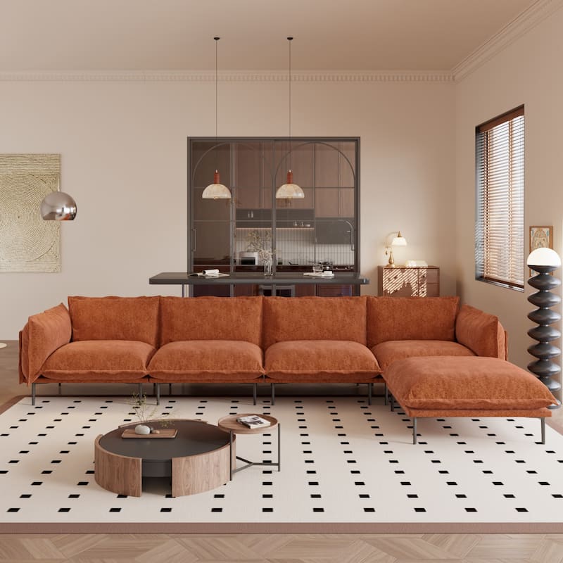 147" L-Shaped Chenille Comfy Sectional Couches for Living Room 4-Seater Cloud Couches with Movable Ottomans