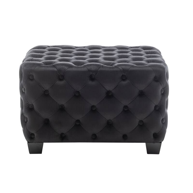 Porthos Home Emmi Velvet Button Tufted Square Ottoman with Rubberwood Legs - Black
