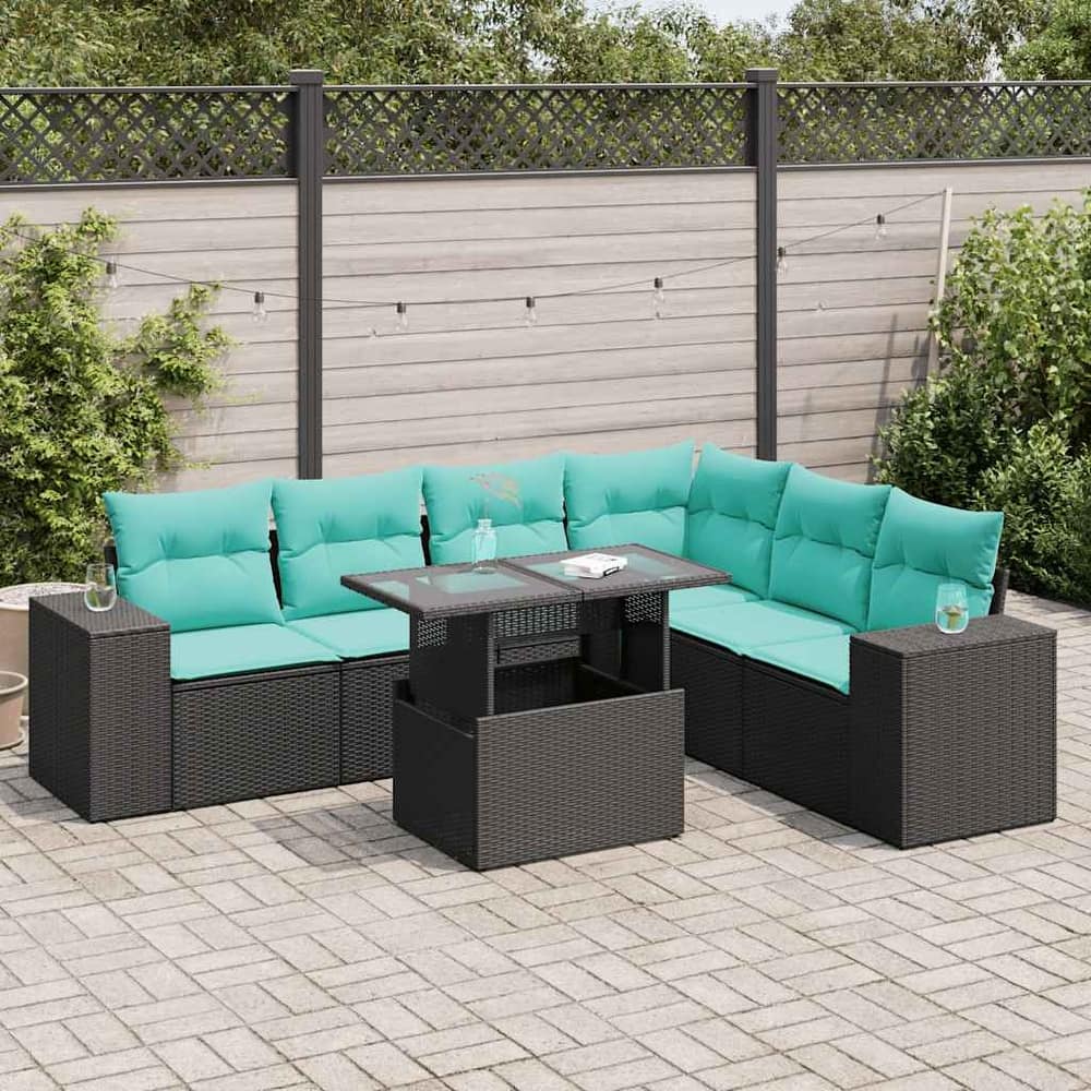 vidaXL 7 Piece Garden Sofa Set with Cushions Poly Rattan - 24.4" x 24.4" x 27.2"