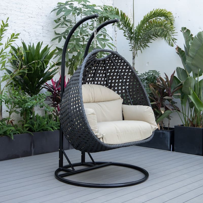 Patio 2-Person Hanging Egg Swing Chair Charcoal Wicker and Iron Frame Breathable Removable Cushion Covers by LeisureMod