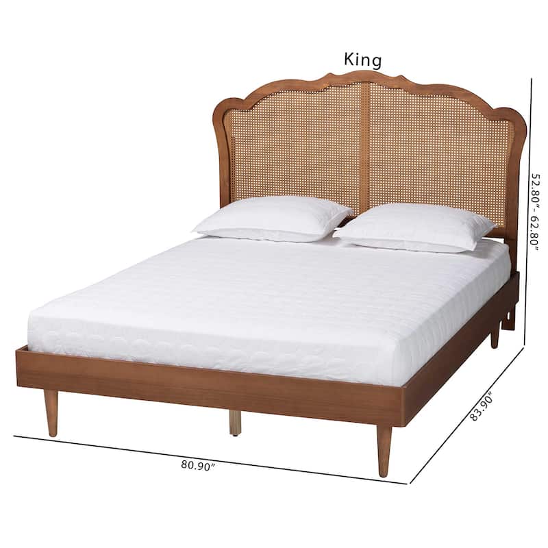 Camden Mid-Century Walnut Brown Wood and Rattan Platform Bed