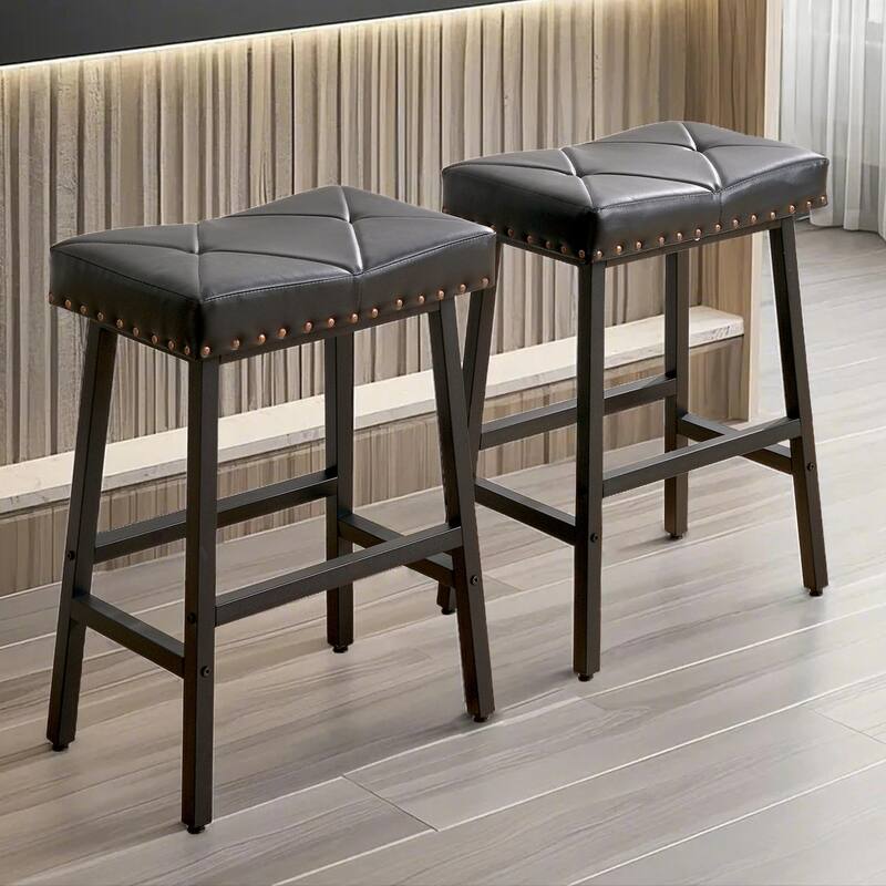 Javlergo Bar Stools Set of 2 Upholstered Backless Saddle Stools Counter Height Stools with Metal Legs - Black