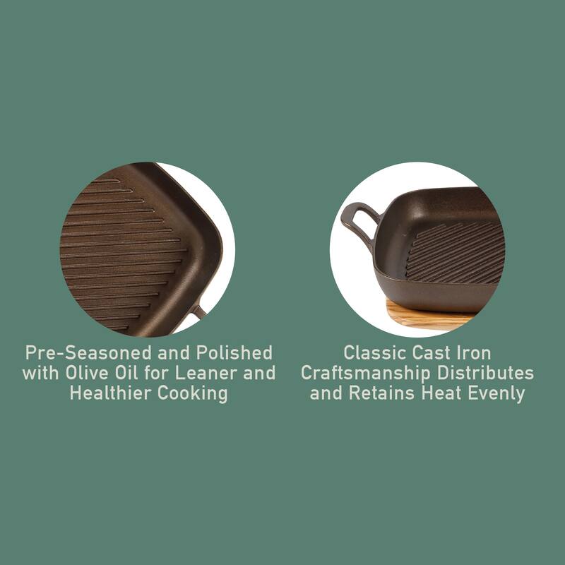 Bloomhouse Natural Bronze Finish Pre-seasoned Cast Iron Grill, Everyday Pan, Skillet & Olive Wood Trivet