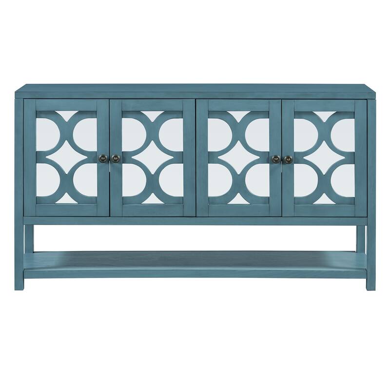 60" Retro Wooden Console Table Storage Cabinet with Mirrored Doors, Spacious Shelves and Acacia Wood Legs