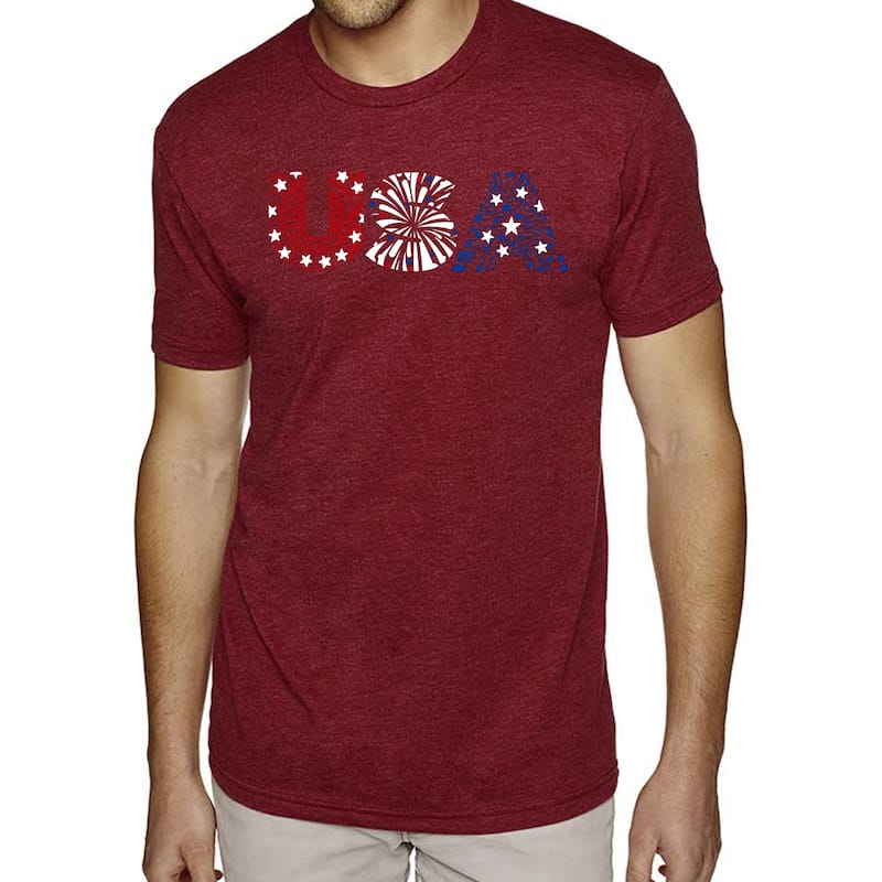 LA Pop Art Men's Premium Blend Word Art T-Shirt - USA Fireworks - Burgundy - 2XL