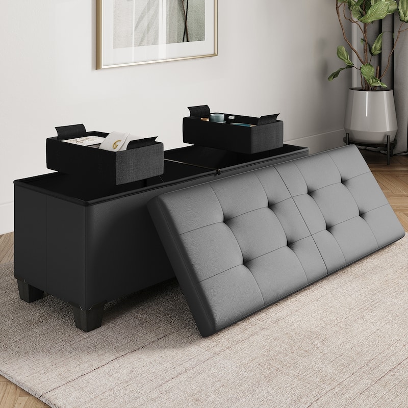 Empyrean Tuffted Folding Foot Rest Storage Ottoman Bench with Storage Bins - 43 Inch - Grey Leather