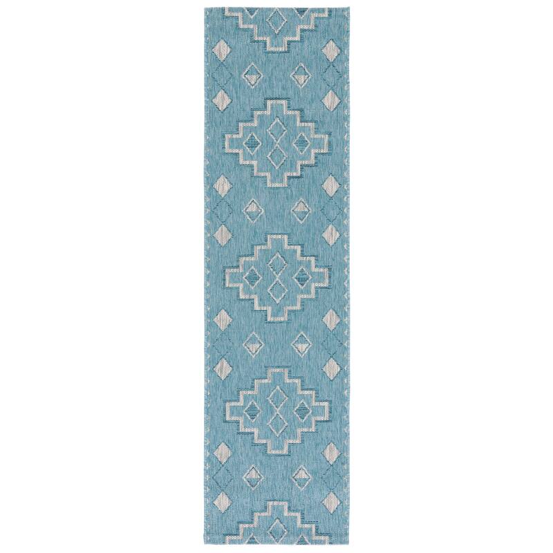 SAFAVIEH Courtyard Cemre Indoor/ Outdoor Waterproof Patio Backyard Rug - 2'3" x 8' Runner - Aqua/Grey