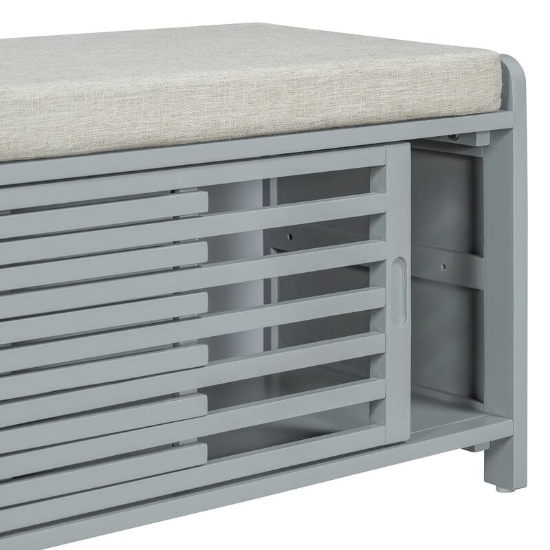 Shoe Storage Bench Entryway Bench with Cushion, Sliding Door