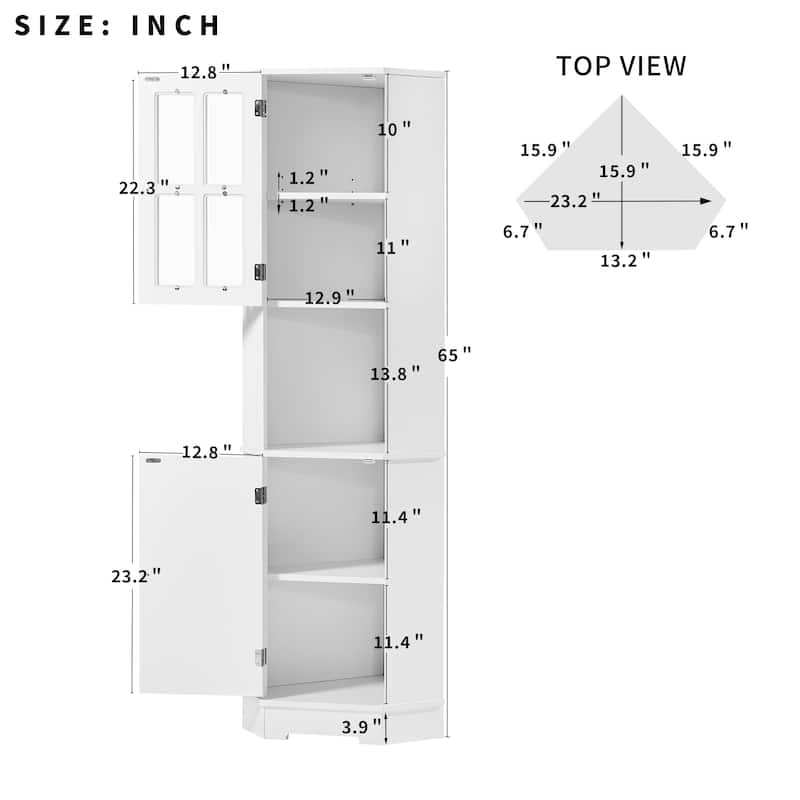 Tall Bathroom Storage Corner with Glass Door, Open Storage, Adjustable Shelf