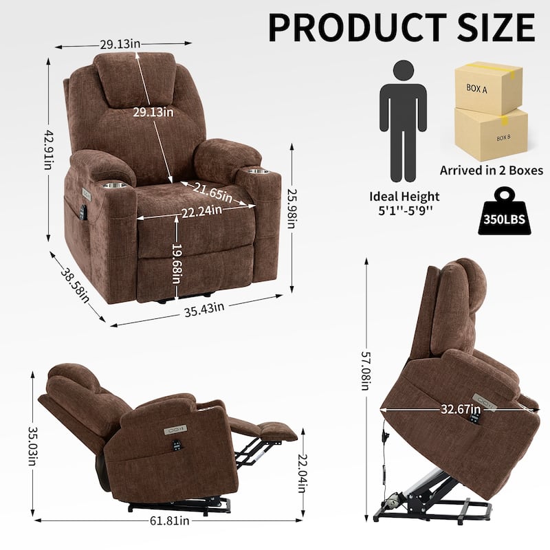 Blue Power Lift Recliner Chair with 8-Point Vibration Massage, Lumbar Heating, Dual USB Ports and Stainless Steel Cup Holders