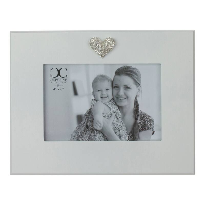 Glass and Wood Picture Frame with Faux Diamond Heart - for a 4" x 6" Photo - White - 4-inchx6-inch