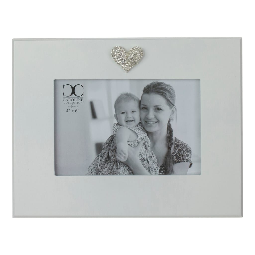 Glass and Wood Picture Frame with Faux Diamond Heart - for a 4" x 6" Photo - White - 4-inchx6-inch