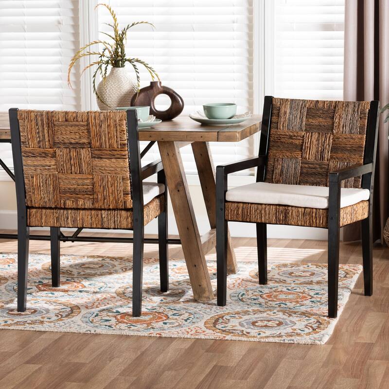 Raniya Handwoven Seagrass Dining Chair Set of 2- Solid Mango Wood Frame with Woven Seat and Backrest, Black - Natural Brown/Black