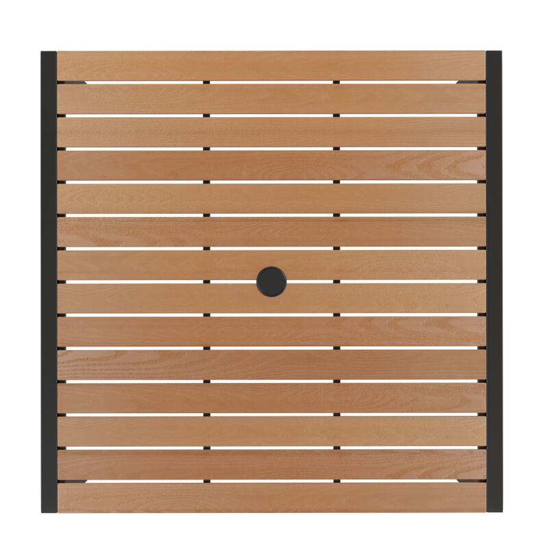 35" Square Faux Teak Patio Table, 4 Chairs and 9FT Patio Umbrella with Base