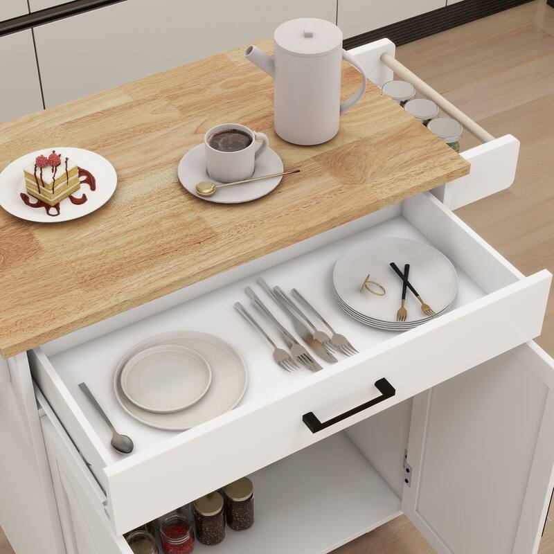 MDF Kitchen Cart with 2 Door Cabinet, Adjustable Shelves, Seasoning Space and Towel Rack