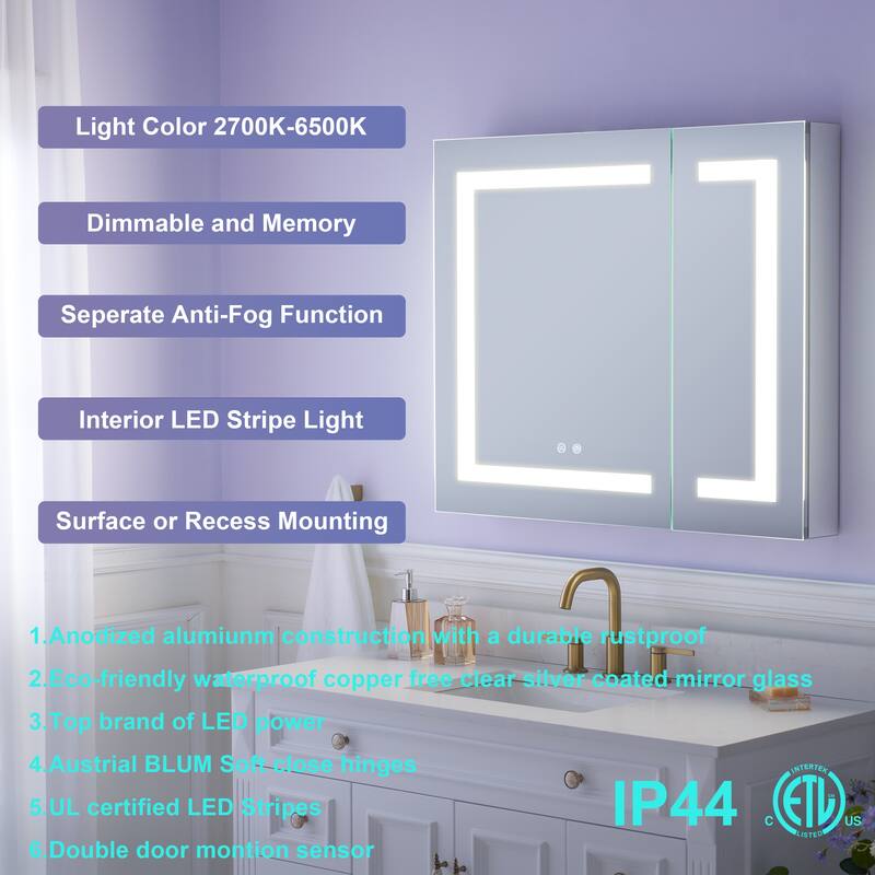30" H Recessed or Surface LED Mirror Cabinet with Adjustable Glass Shelves,Defogger, Dimmer And Outlets & USB Ports