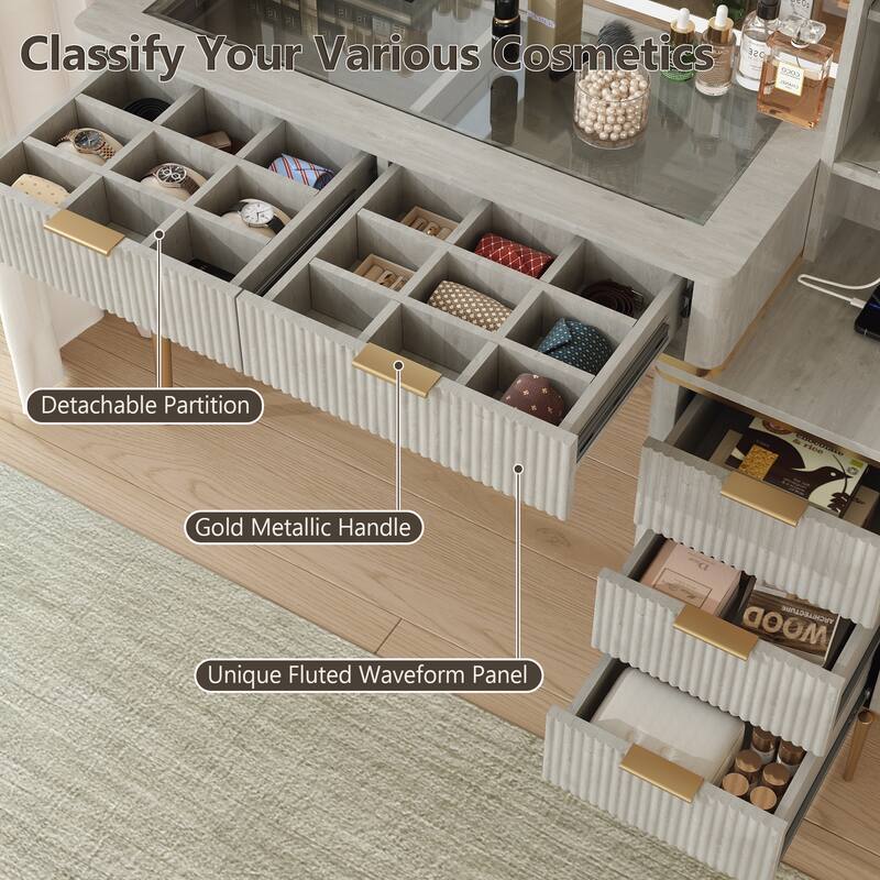 Modern Fluted Makeup Vanity Desk with Lighted Mirror, Dressing Table