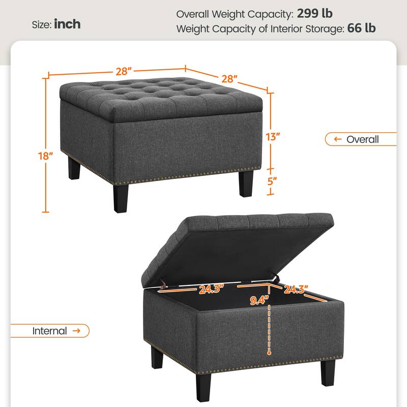 Yaheetech Folding Storage Ottoman Bench with Button Tufted, Dark Gray - 28"×28"×18"