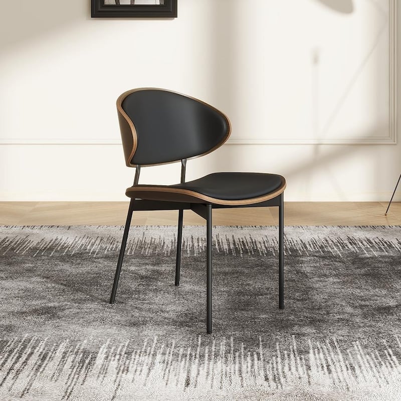 Contemporary Curved Back Dining Chairs Set of 2, Black Leather Side Chairs, Fully Assembled