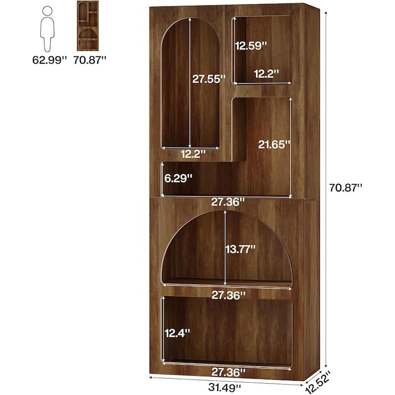 70” White Arched Wood Bookshelf with 5 Geometric Storage Shelves