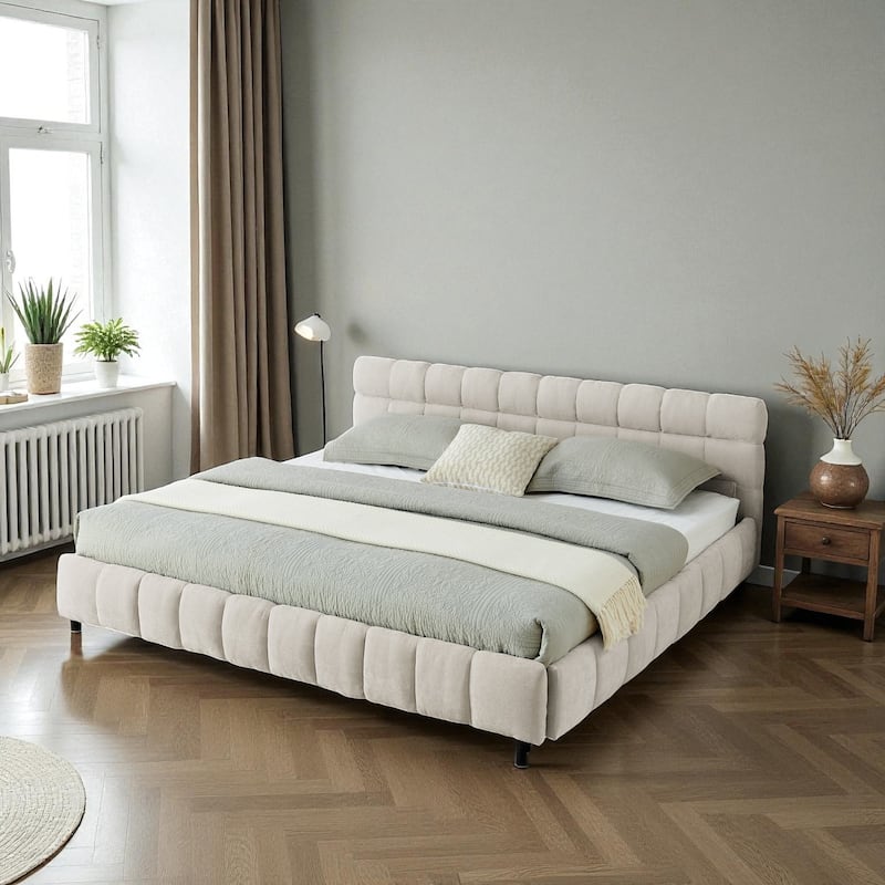 California King Upholstered Bed Frame with Chenille Fabric Headboard and Underbed Storage Drawers Modern Platform Bed