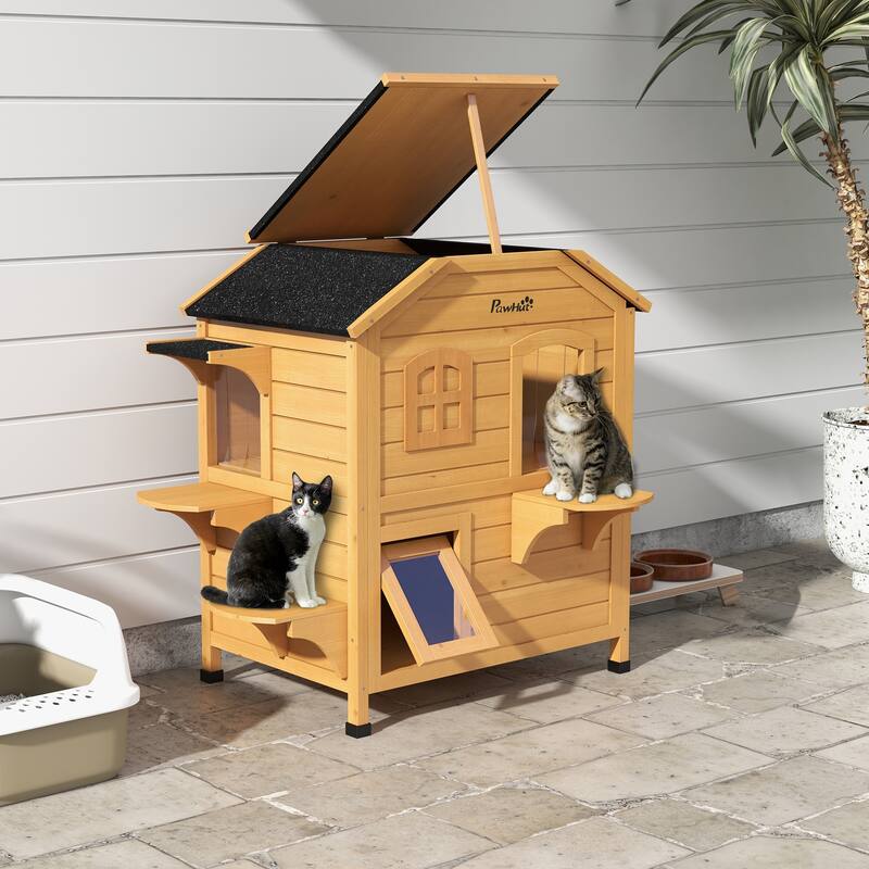 PawHut Fir Wood 2-Story Outdoor Cat House, Wooden Feral Cat Shelter with Openable Asphalt Roof for Indoor/Outdoor, White / Grey