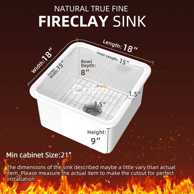 18" L X 18" W Fireclay Single Bowl Drop-In Kitchen Sink Undermount Farmhouse Sink With Accessory