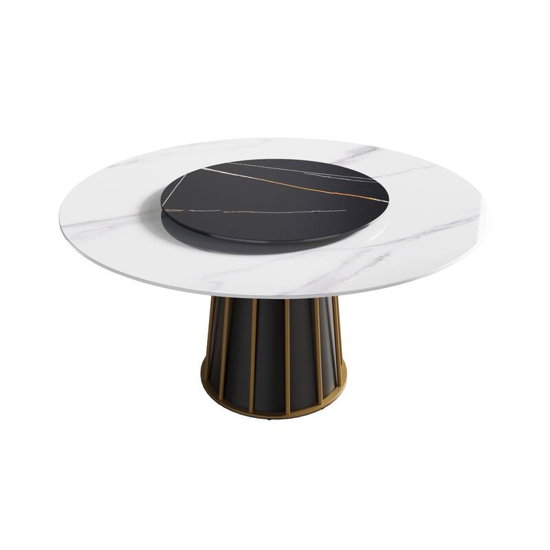 Round Metal Pedestal Dining Table Round Sintered Stone Table with Lazy Susan