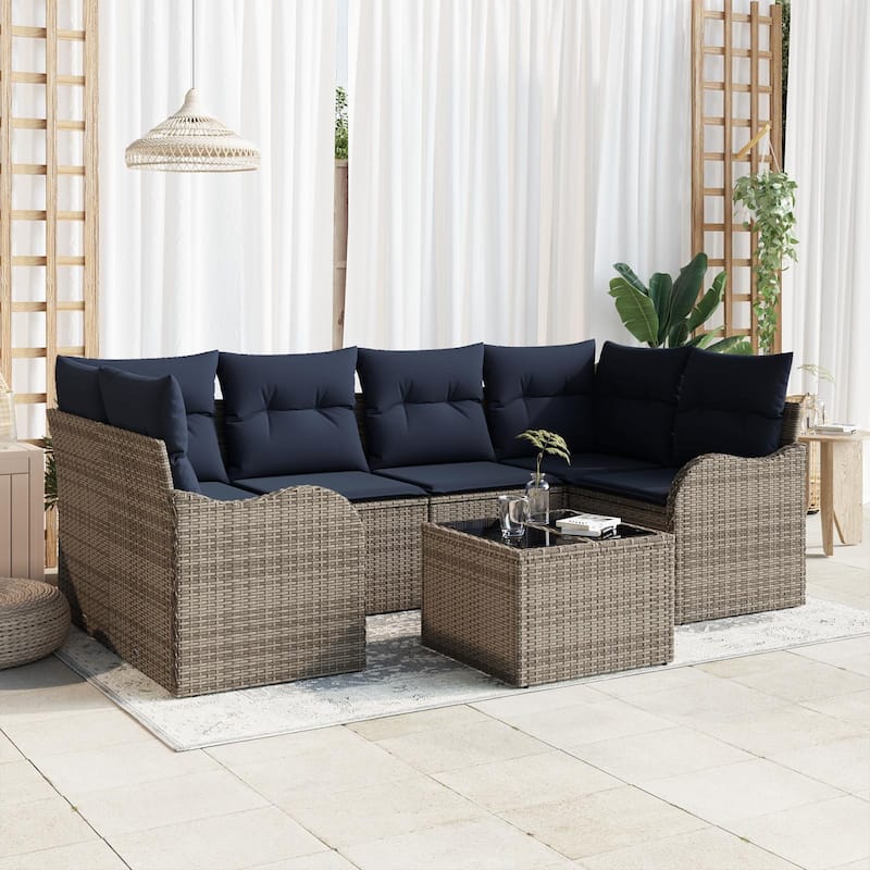 vidaXL 7 Garden Sofa Set with Cushions Black/Brown/Grey Poly Rattan - 92.1 x 48.2 x 27.2 - Grey
