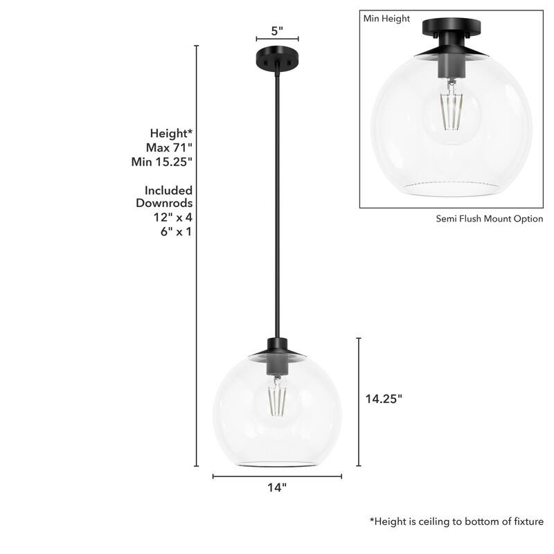 Hunter Xidane 1 Light Clear Glass Pendant or Semi-Flush Light - Kitchen Island, Dining Room, Entry - Glam, Contemporary