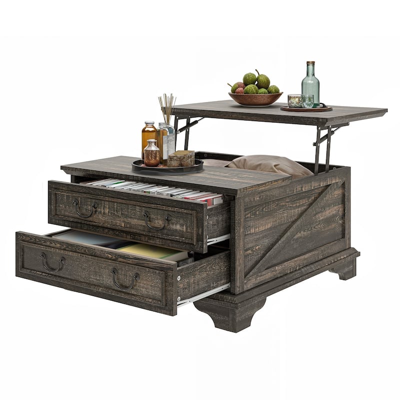Moasis Farmhouse Lift Top Coffee Table Square Wood Center Table with Storage and 2 Drawers - Oak