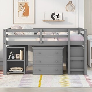 Full Size Low Loft Bed with Storage Cabinet, Rolling Portable Desk & 2-Tier Bookshelf, Study Wood Bedframe for Kids Teens Adults
