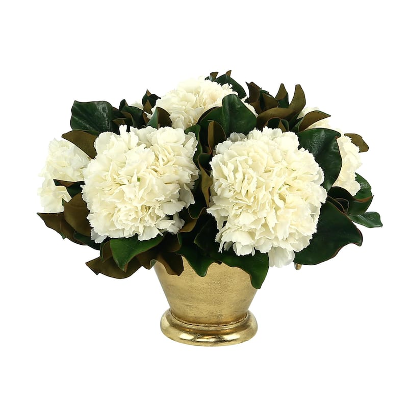 Hydrangea and Magnolia Leaf Arrangement in a Metal Vase - White, Gold