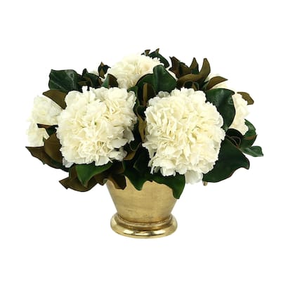 Hydrangea and Magnolia Leaf Arrangement in a Metal Vase - White, Gold